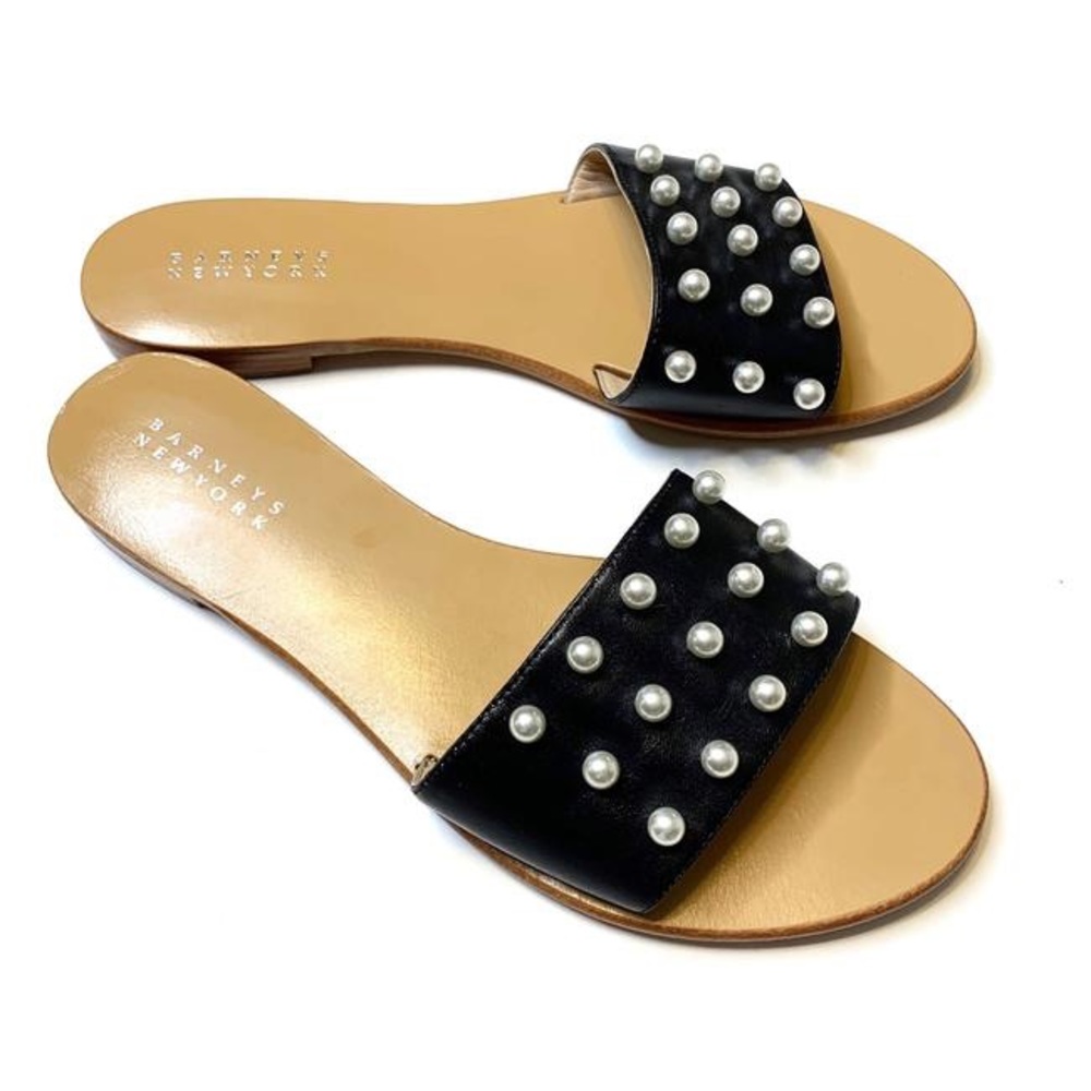 Barneys New York Black Leather Slide with Faux Pearl Studs Sandals